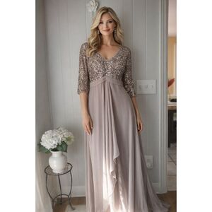 Alex Evenings Taupe Sequin Bodice Chiffon Maxi Dress 22W NWT Formal Wedding